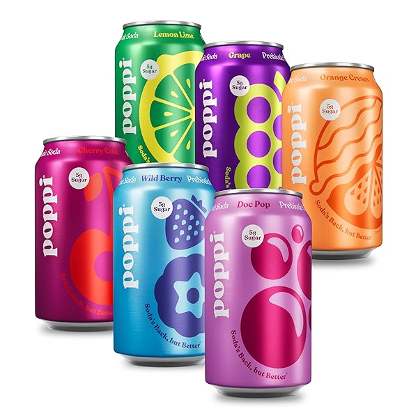 POPPI SPARKLING PREBIOTIC SODA BEVERAGE WITH APPLE CIDER VINEGAR, SELTZER WATER AND FRUIT JUICE, CROWD PLEASERS VARIETY PACK, 12 FL OZ, PACK OF 12, PACKAGING MAY VARY