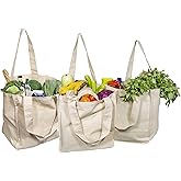 Best Canvas Grocery Shopping Bags with Handles and Bottle Sleeves - Organic Cotton, Washable and Eco-friendly Cloth Grocery Totes - Reusable Shopping Grocery Bags (3 Bags)