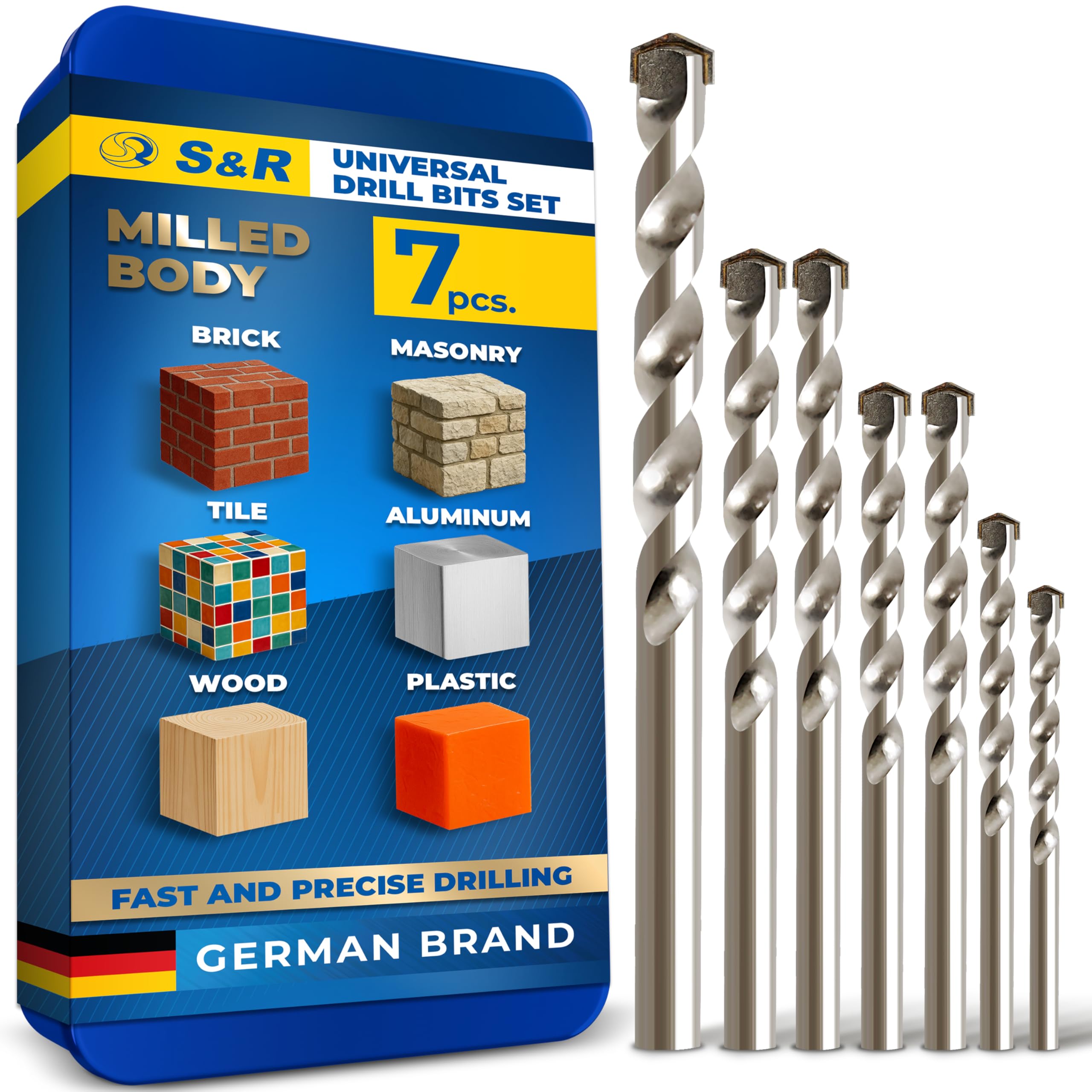 S&R Universal Drill Bit Set – 7-Piece Multi-Purpose Bits for Wood, Metal, Masonry, Tiles, Plastic | Carbide Tips | Metal Storage Box