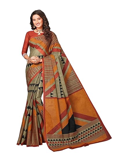 Womens Pure Cotton Printed Saree with Blouse Piece (SKR5614_Khaki-Brown)