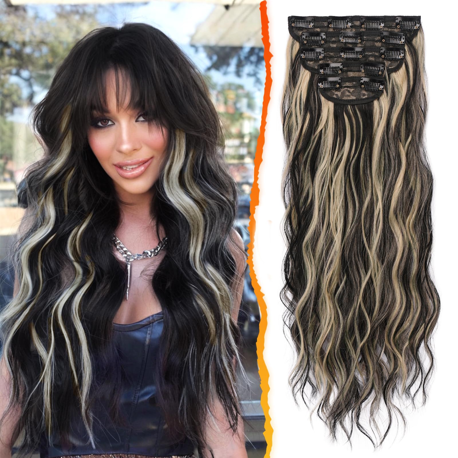 Photo 1 of BARSDAR Clip in Hair Extensions - 20 Inch Highlight Wavy Clip in Hair Extensions for Women - 5PCs Thick Soft Synthetic Clip in Hairpieces Daily Party Halloween- Black Mix Blonde