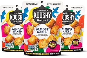Kooshy Croutons | Vegan Sourdough Bread with Sea Salt & Black Pepper | Plant Based Non GMO Crouton Salad Toppers for Soup and Snacking (Almost Naked Flavor | 5 oz / 3 Pack)