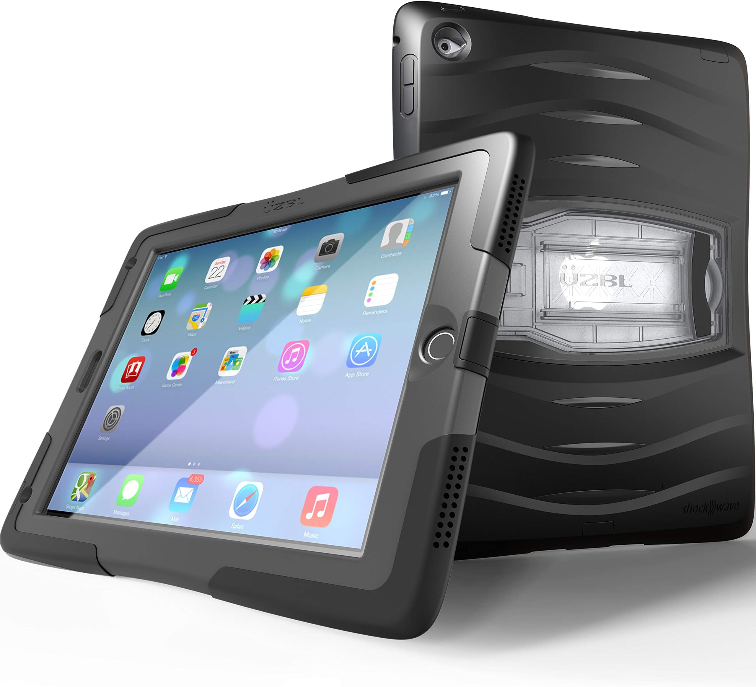 UZBL iPad Pro 9.7 and iPad Air 2 Case, Heavy Duty [Shockwave] Full-Body Rugged Protective Case with Built-in Screen Protector and Removable Stand, Black
