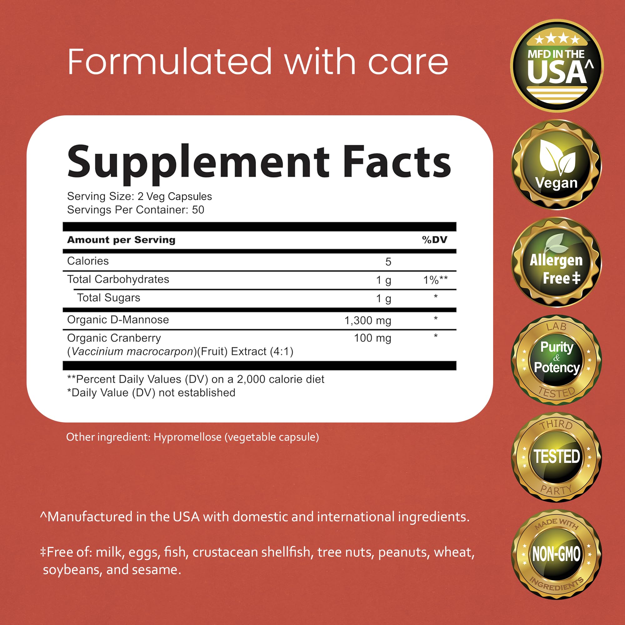 NaturaLife Labs Organic D-Mannose 1300 mg with Organic Cranberry Extract 100 mg per Serving – 100 Capsules – Non-GMO, Gluten-Free, Vegan