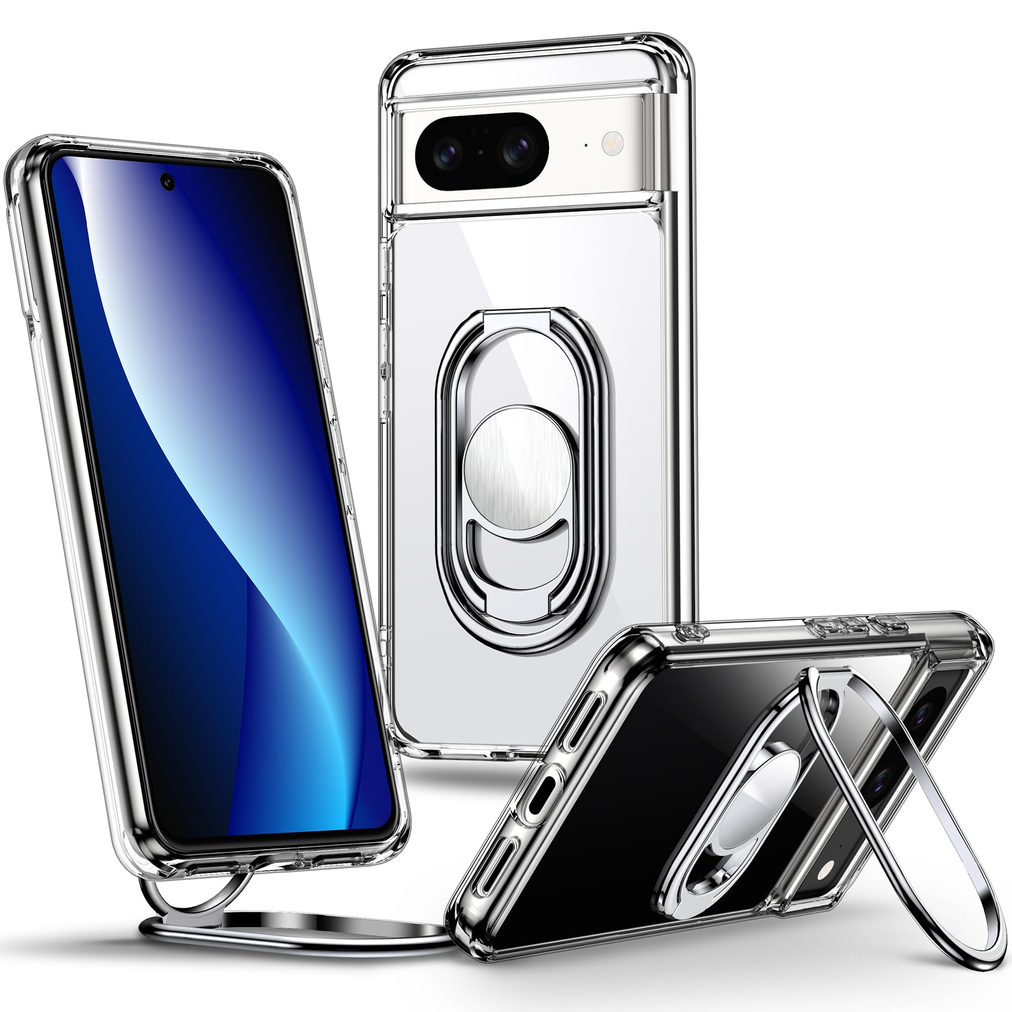 Shields Up for Google Pixel 8 Case with Stand, Pixel 8 Case Clear with Double Ring Holder [Adjustable & Foldable] Shockproof Protective Cover for Google Pixel 8 - Clear