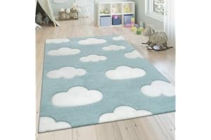 PACO HOME Modern Kids Rug with Clouds in Blue Pastel for Nursery, Size: 6'7" x 9'6"