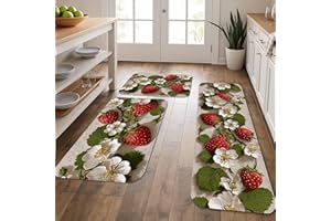 Strawberry Floral Kitchen Mats for Floor, Vintage Botanical Soft Mats, Spring Cushioned Comfort Washable Non Slip Decor Rugs 