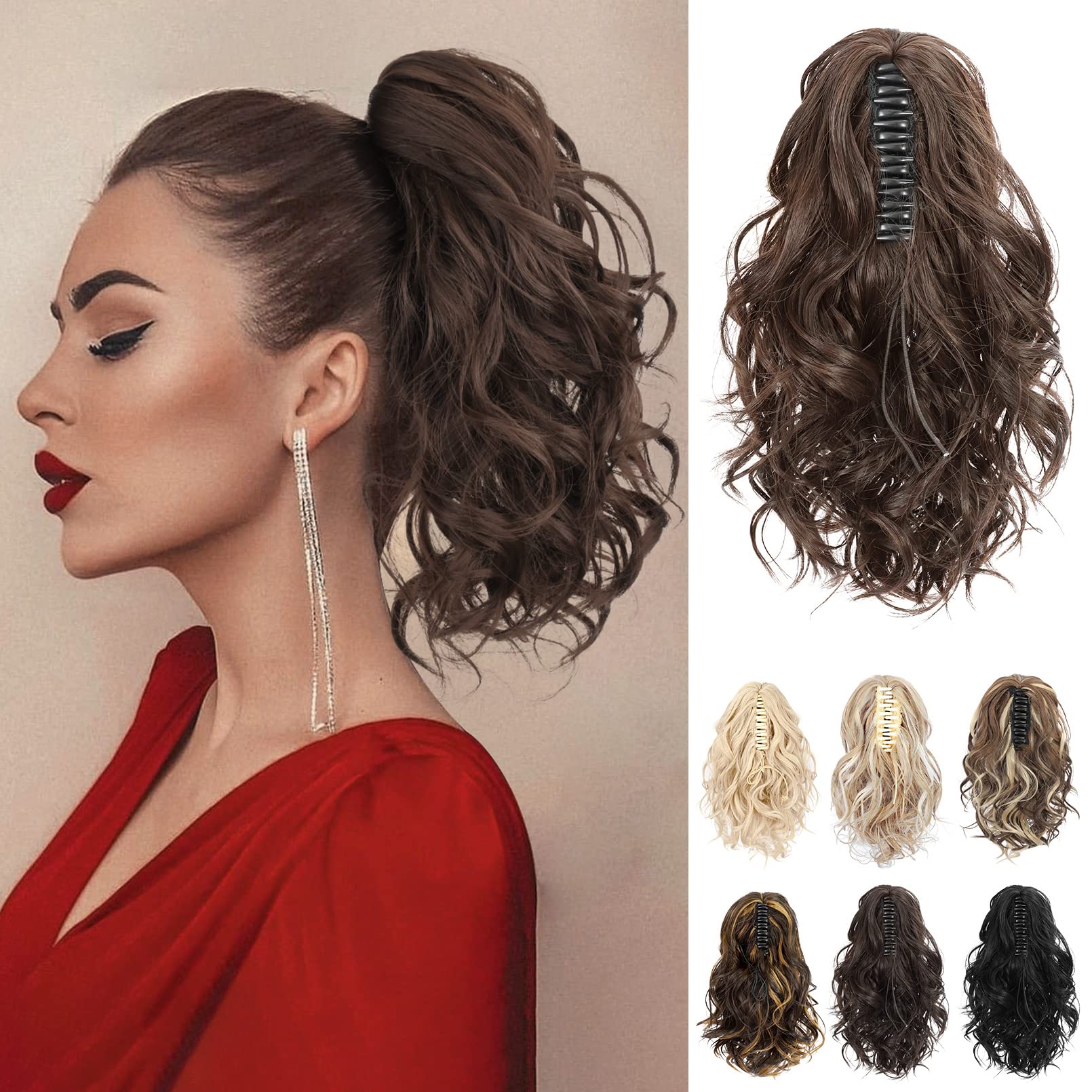 REECHO Ponytail Extension, Claw Clip in Ponytail Hair Extensions 12 Inch Short Curly Ponytail Natural Wavy Synthetic Hairpiece for Women – Dark Chocolate Brown
