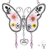 BOGDAN Butterfly Suncatcher with Pressed Flower Wings Mother's Day Butterfly Glass Wind Chime Ornament Charm with Metal Heart Happy BirthdayGifts for Mom with Free Hook (Mom)