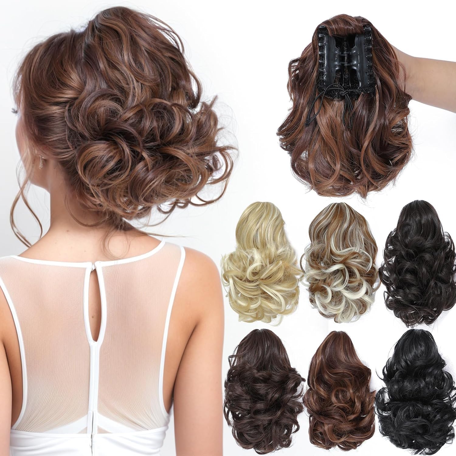 Yamel Ponytail Extension Short Cute Curly Wavy Dark Auburn and Light Auburn mixed Claw Jaw Clip in Synthetic Hairpiece Pony Tail Tale Ponytail Hair Extensions