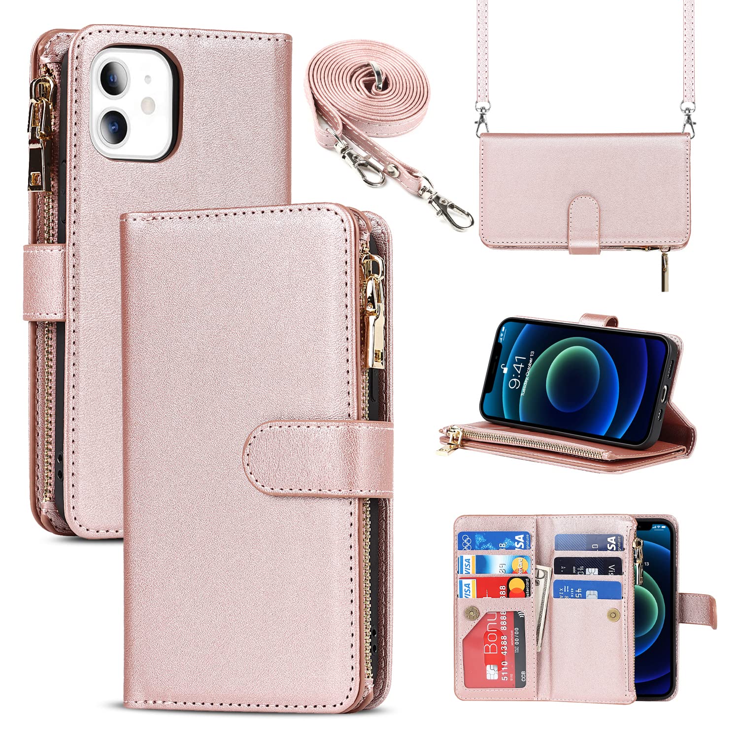 Cavor Crossbody iPhone 12 Mini Case With Card Holder With Strap,Flip Leather Wallet Case,[9 Card Holder] Zipper Detachable Lanyard Phone Case Cover for Women for iPhone 12 Mini - Rose Gold