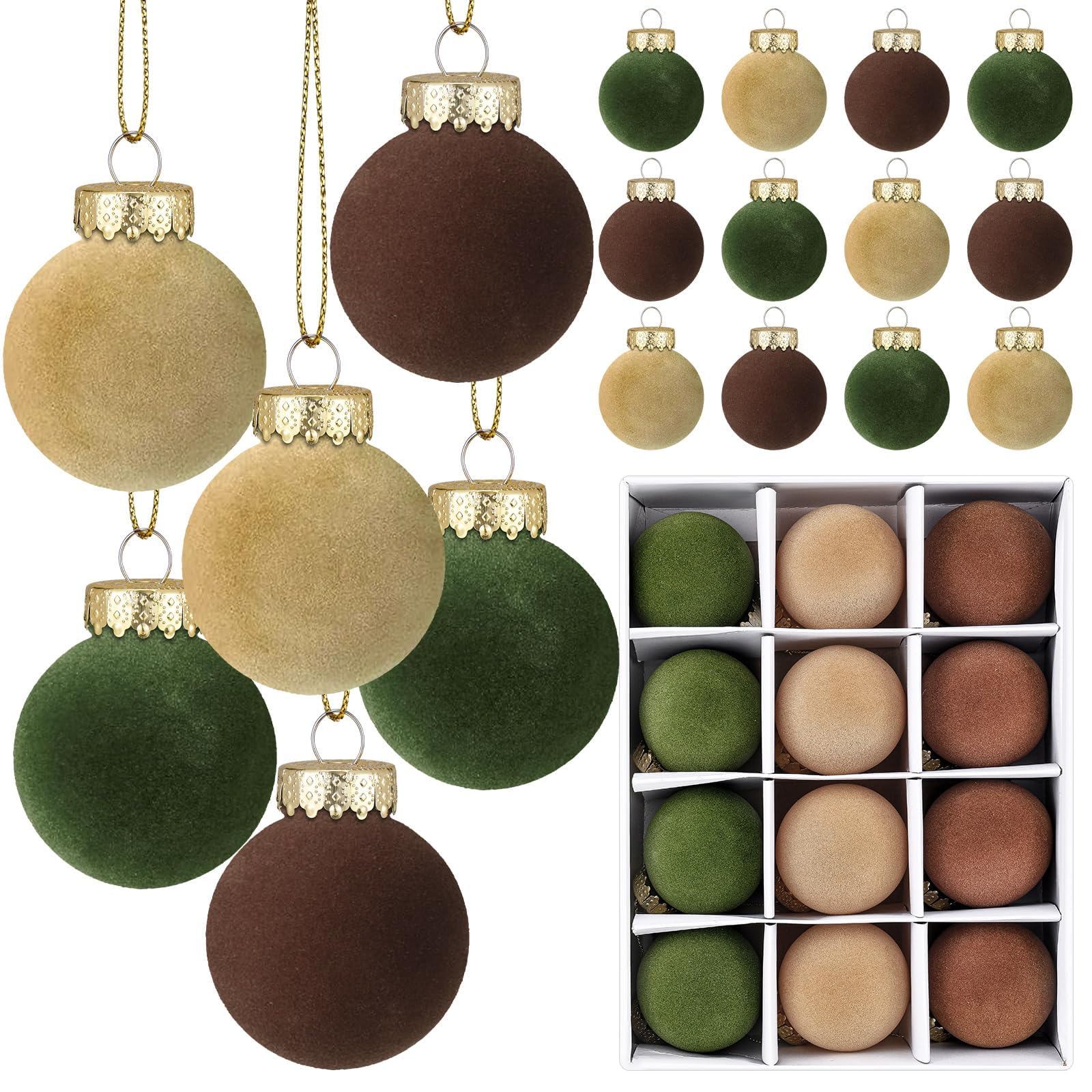 Photo 1 of 12 Pcs Velvet Christmas Balls Flocked Christmas Tree Hanging Ornaments Shatterproof Plastic Hanging Balls Decorations for Xmas Tree Party Home Holiday Decor (Brown, Green, Beige, 2.36 inch)