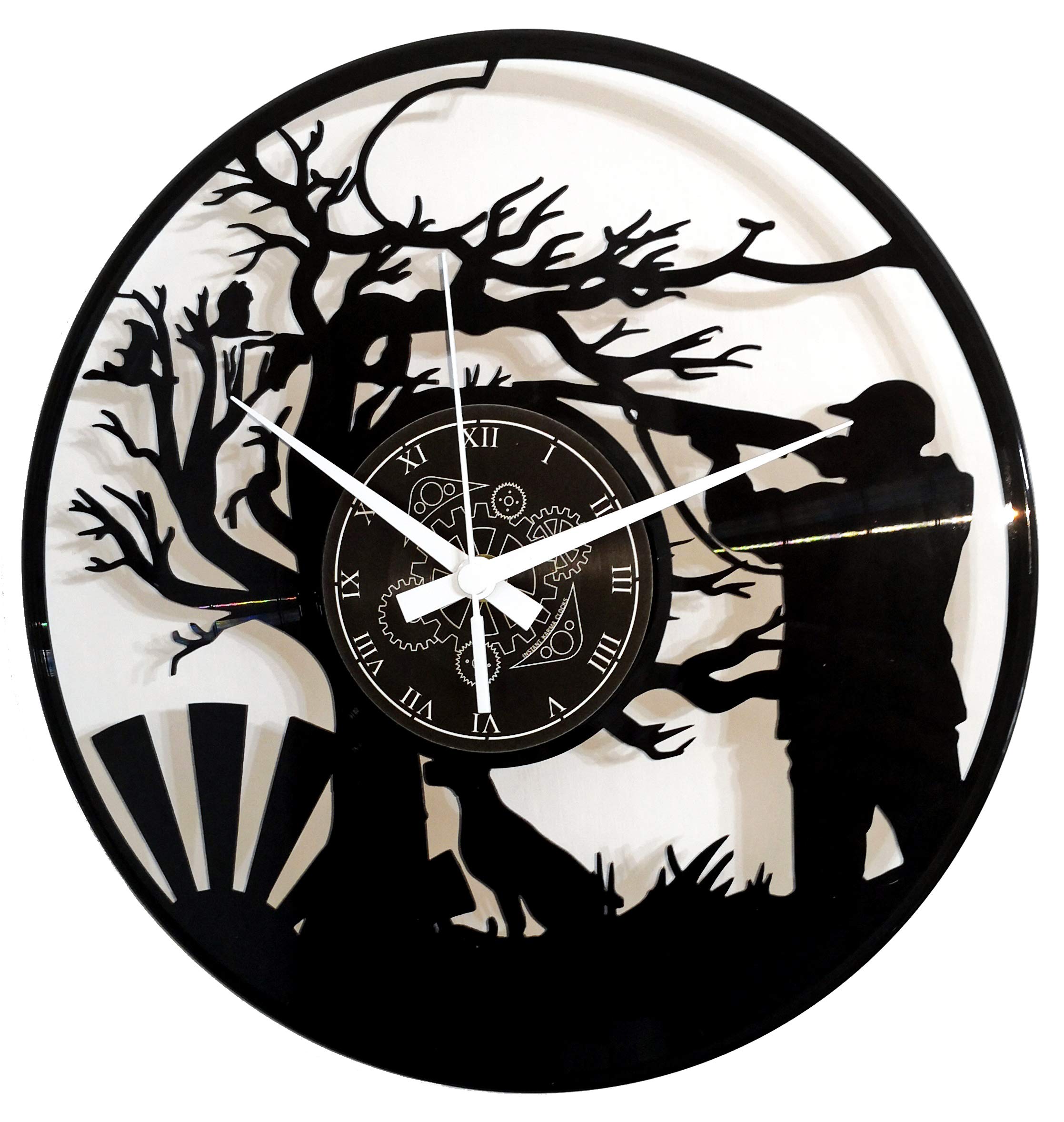 Instant Karma Clocks | Hunting Wall Clock | Forest Silhouette Scene with Hunter and Dog | Silent Quartz Movement | Perfect for Outdoorsmen and Nature Enthusiasts