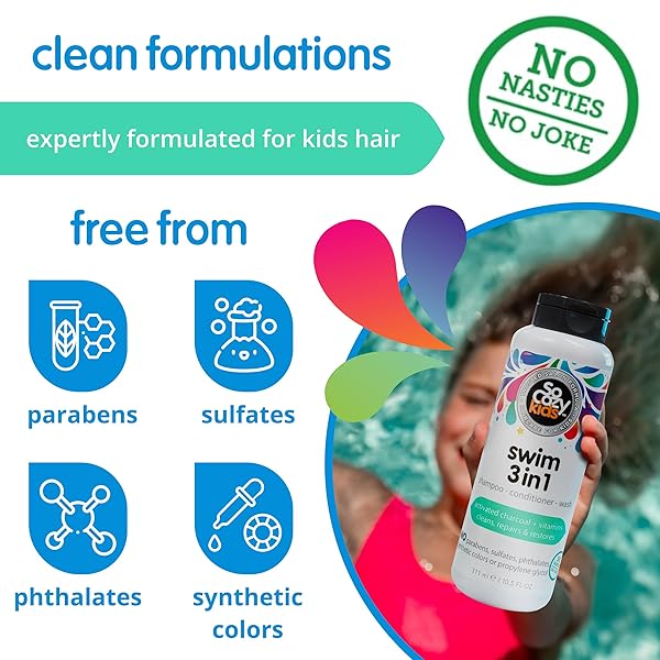 SOCOZY KIDS SWIM 3-IN-1 SHAMPOO, CONDITIONER & BODY WASH – 3-IN-1 COMBO POOL SHAMPOO & CONDITIONER FOR SWIMMERS – SALT & CHLORINE REMOVING ACTIVATED CHARCOAL