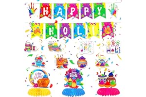 Holi Decorations, Indian Festival Happy Holi Party decorations including 2 Happy Holi Banners 3 Pcs 6 Inches Honeycomb Center