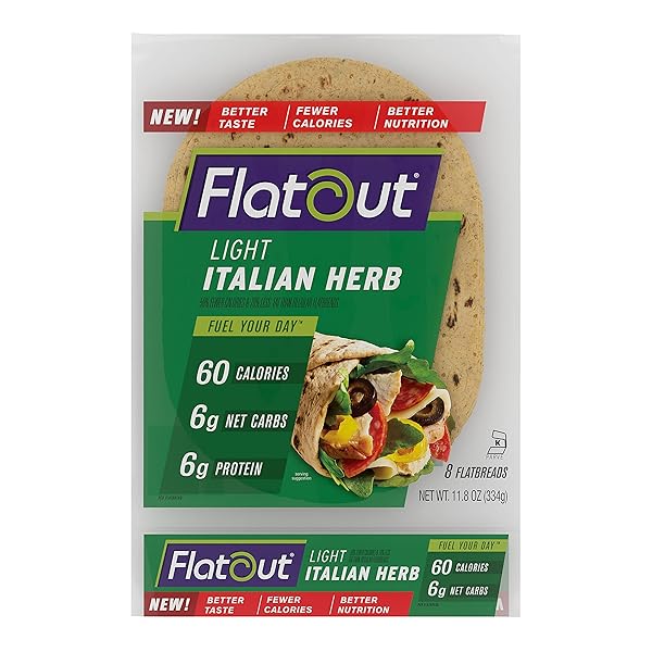 FLATOUT FLATBREAD, LIGHT ITALIAN HERB WRAPS, PERFECT FOR USE AS SANDWICH BREAD, PIZZA CRUST, TORTILLAS, WRAPS AND MORE, 8 FLATBREADS