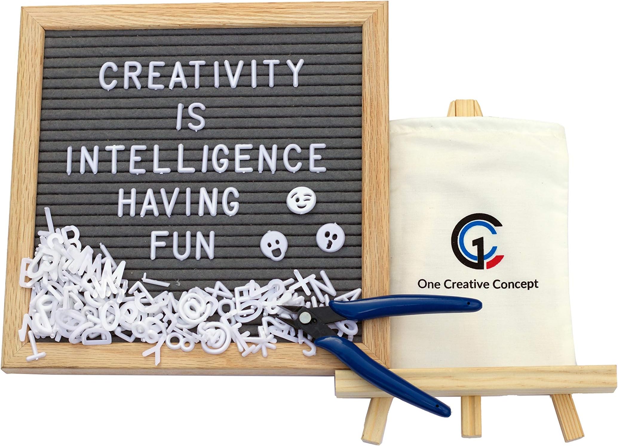 Gray Felt Letter Board Sign: Decorative Wooden Changeable Marquee Message Board Set with 340 Letters, Numbers, Symbols and Emojis, Oak Wood Frame and Display Easel, and Cotton Canvas Bag - 10x10