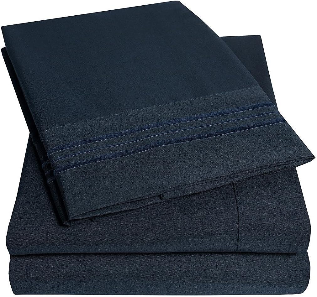 EM Imports Microfiber Bed Sheets Set: LUXURY 1800 Supreme Loft Collection Bedding - Deep Pockets - Wrinkle, Fade Resistant - Hypoallergenic - 4 Piece Embroidered Sheet Set (Queen, Navy)