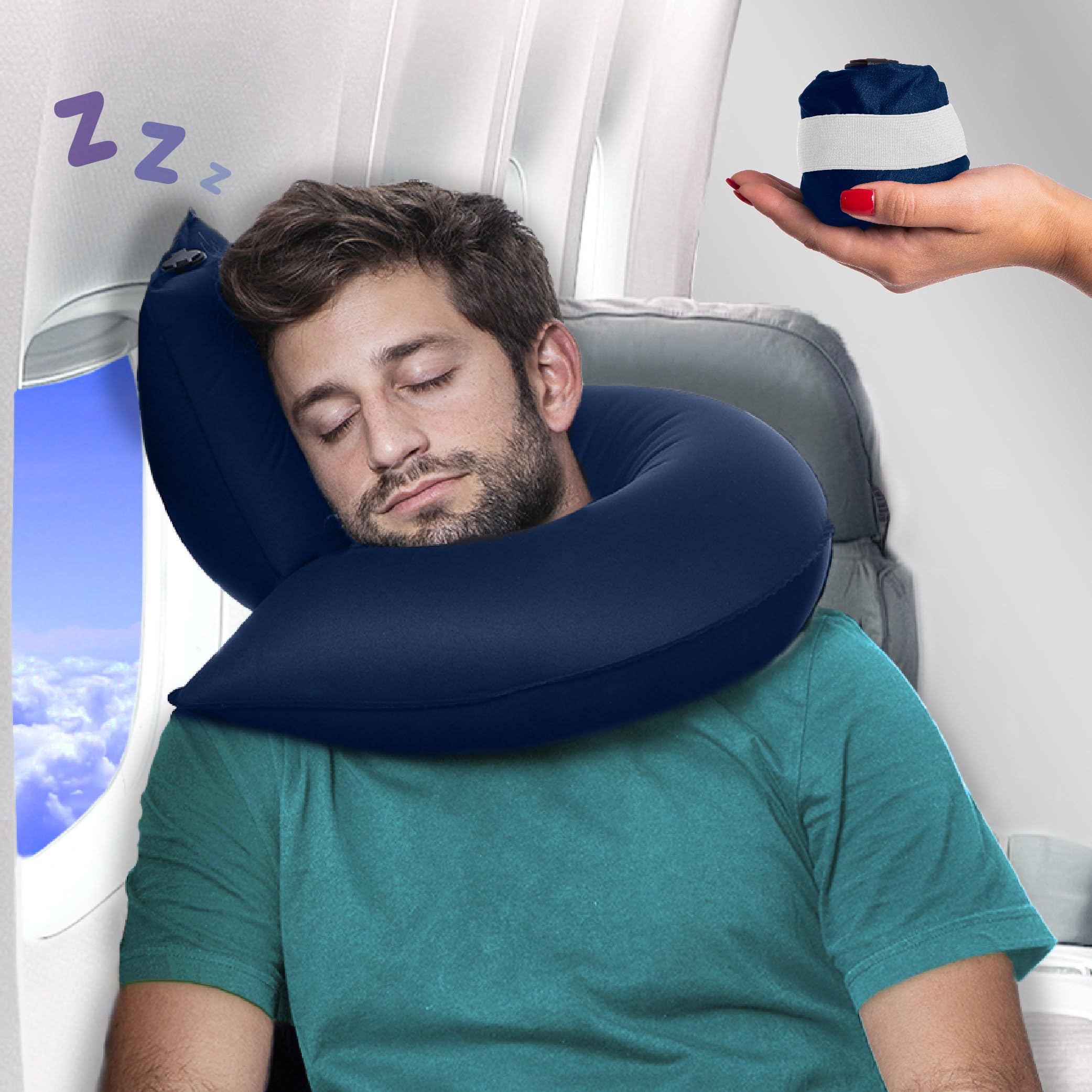Photo 1 of Inflatable Travel Pillows for Airplanes, Cars & Home. Head, Neck & Chin Support. Firmness Adjustable, Inflatable Neck Pillow for Traveling on Plane, Blow Up Pillows for Air (Navy with Gray Band)