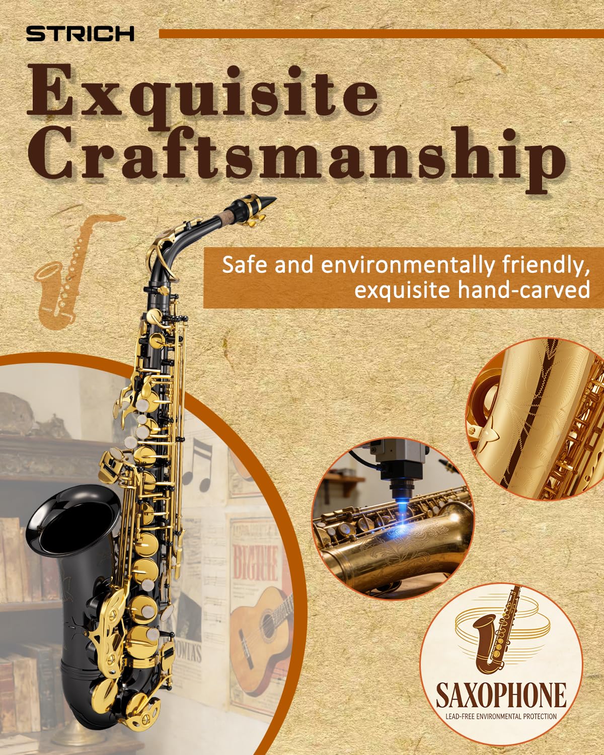 STRICH Eb-Altsaxophon – Einsteiger-Set für Altsaxophon mit Hartschalenkoffer, Ständer, Tragegurt, Mundstück und Blättern für Schulorchester und das Üben zu Hause, SSA-31B, schwarz 4