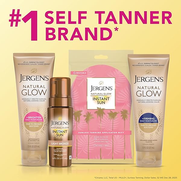 JERGENS NATURAL GLOW +FIRMING SELF TANNER BODY LOTION, FAIR TO MEDIUM SKIN TONE, SUNLESS TANNING MOISTURIZER WITH COLLAGEN AND ELASTIN, HELPS TO VISIBLY REDUCE CELLULITE, 7.5 FL OZ