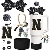 8PCS Cup Accessories Set for Stanley Cup 30oz 40oz tumbler with handle,Including Silicone Straw Topper Cover Cap and Boot,Spill Proof Stopper,Handle Charm,Initials Sticker (Black rose N)