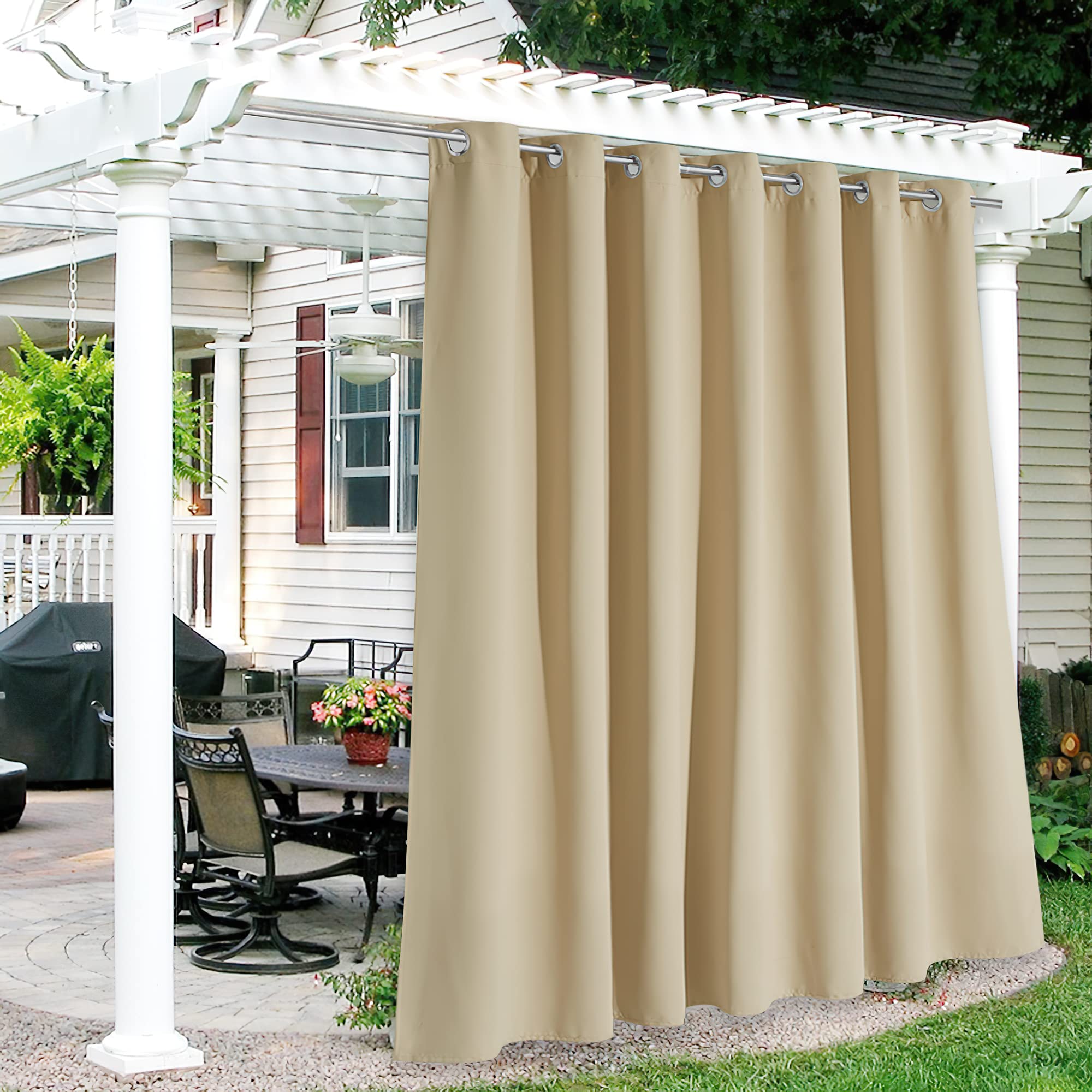 Photo 1 of RYB HOME Extra Wide Outdoor Curtains for Patio Waterproof Windproof Blackout Curtains for Porch Pergola Arbor Lanai Pool House Outside Deck, 100 inch Width x 84 inch Length, 1 Pc, Biscotti Beige