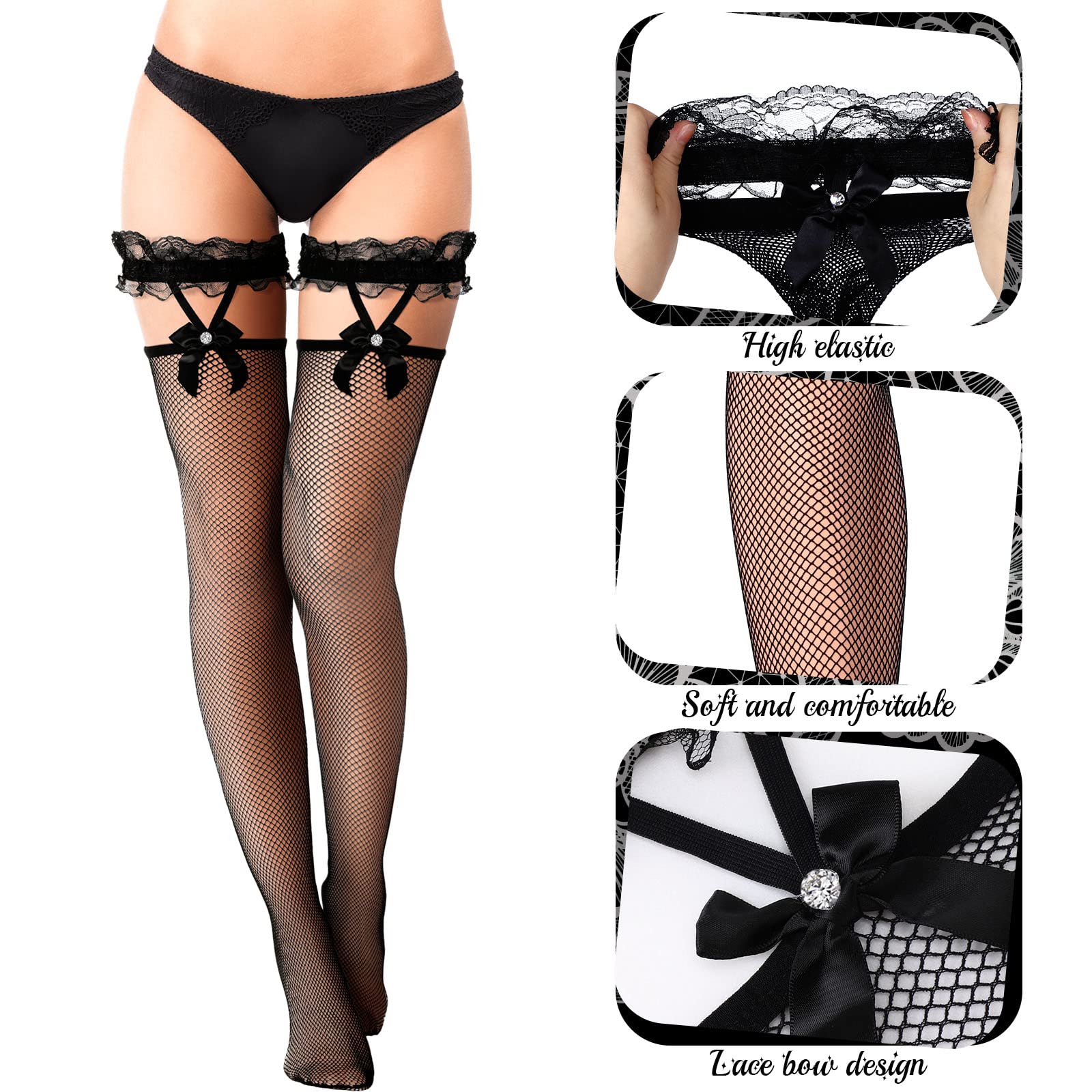 SATINIOR 2 Pairs Thigh High Fishnet Stockings Lace Bow Suspenders Hold up Halloween Stockings for Women