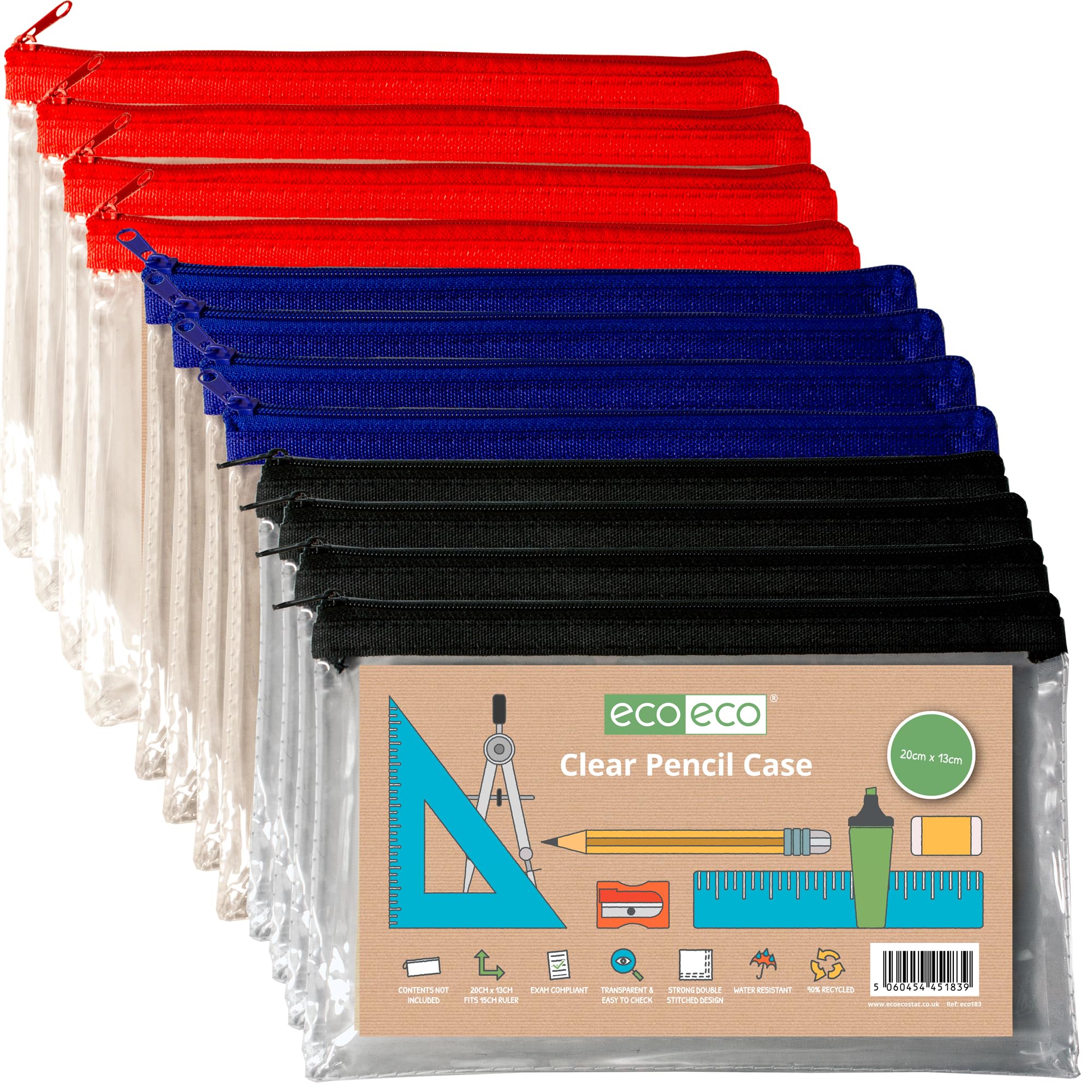 eco-eco 90% Recycled Clear Exam Transparent Pencil Case, Coloured Zips, Pack of 1, eco183x12