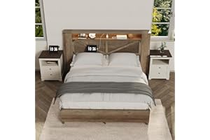 KIGOTY 3 Piece Farmhouse Bedroom Set, Full Size Platform Bed Frame with Headboard and LED Light, Nightstand Set of 2 with Charging Station for Bedroom (Grey, Full)
