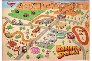 Gertmenian Disney Pixar Cars Indoor Game Rug - 4x6 Large, Non-Slip, Ideal for Children in Bedroom, Game Room, Classroom, Nursery or Play Area - Radiator Springs Playmat, Multi/Tan, 31201