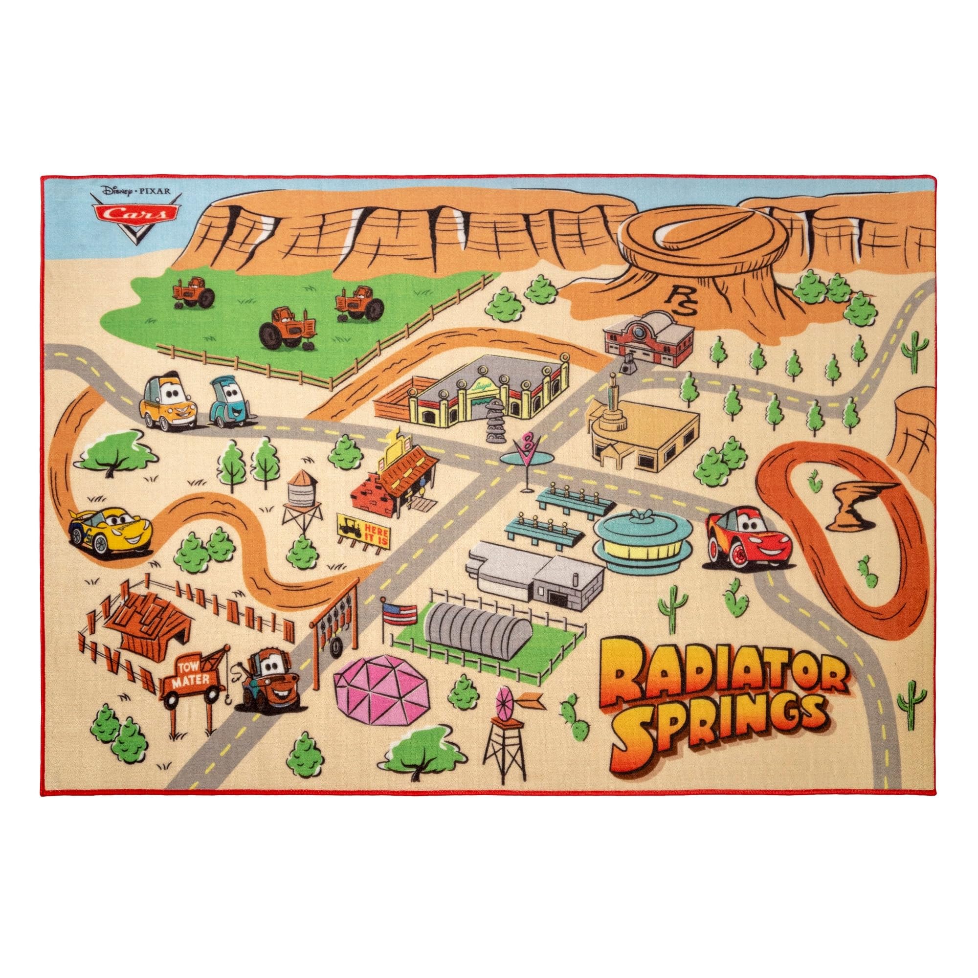 Gertmenian Disney Pixar Cars Indoor Game Rug - 4x6 Large, Non-Slip, Ideal for Children in Bedroom, Game Room, Classroom, Nursery or Play Area - Radiator Springs Playmat, Multi/Tan, 31201