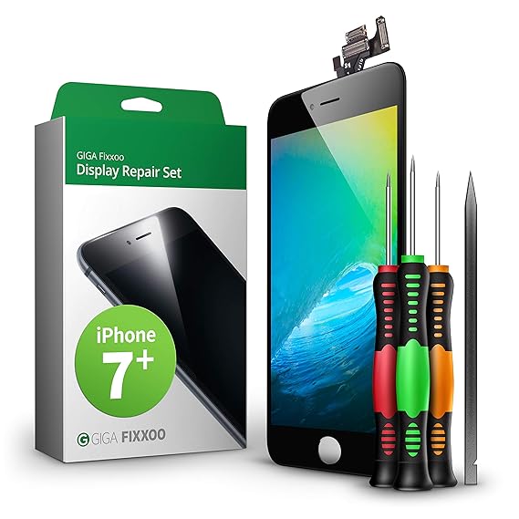 GIGA Fixxoo Display Set kompatibel mit iPhone 7 Plus, Reparaturset Komplett Schwarz, Ersatz Bildschirm, Retina LCD Glas mit T