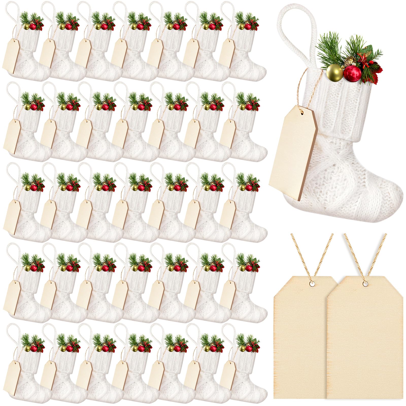 Photo 1 of ***(HEAVILY USED/ MINOR DAMAGE)***Suhine 36 Set Mini Christmas Knitted Stockings 6'' Neutral Christmas Stocking Rustic Modern Farmhouse Xmas Tree Decor with Wooden DIY Tags Gifts Bulk for Holiday Mantel Party Favor(White)