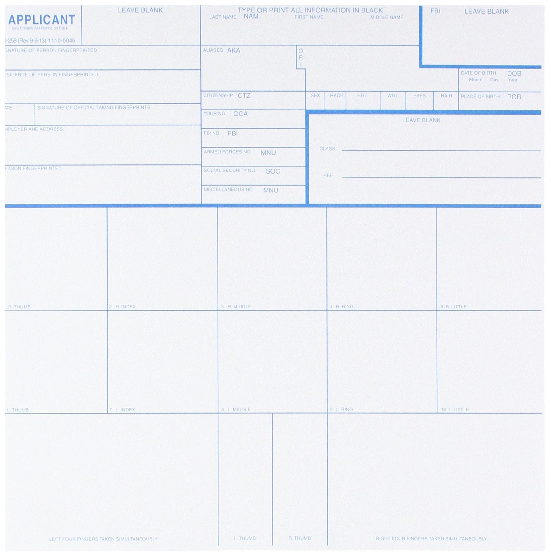 Federal Bureau of Investigation CS-10PK Fingerprint Cards, Applicant Fd-258, Pack of 10