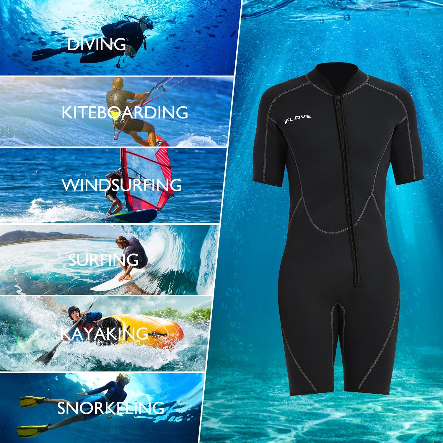 IFLOVE 3mm Shorty Wetsuit for Men Neoprene Diving Suit Front Zip Wetsuit for Diving Snorkeling Surfing: Sports & Outdoors