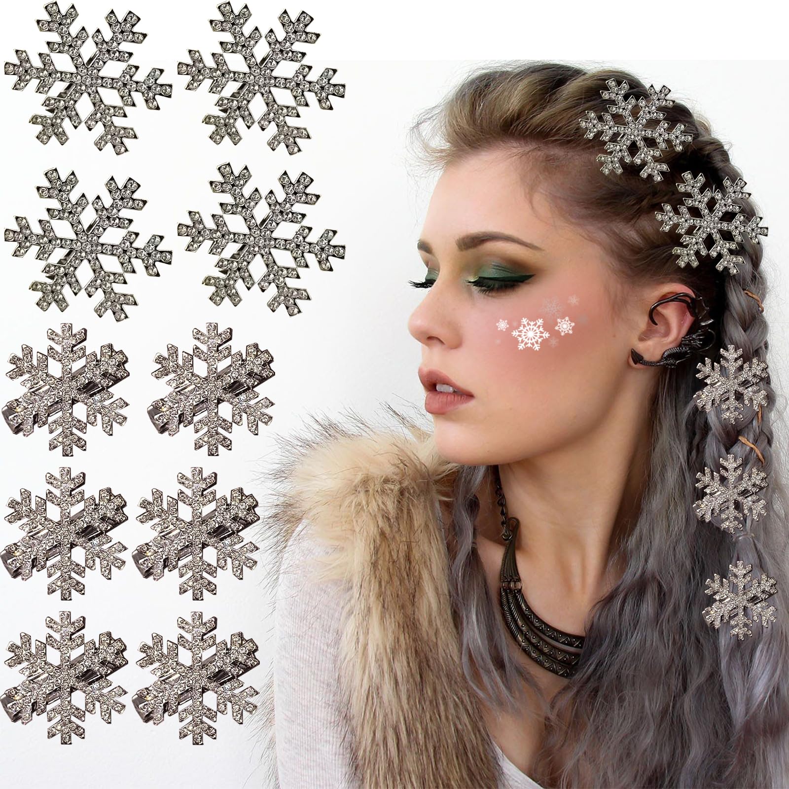 Photo 1 of 10 Pcs Snowflake Hair Clip Silver plastic Sparkly Rhinestone Hair Barrettes for Woman Winter Christmas Party Hair Accessory