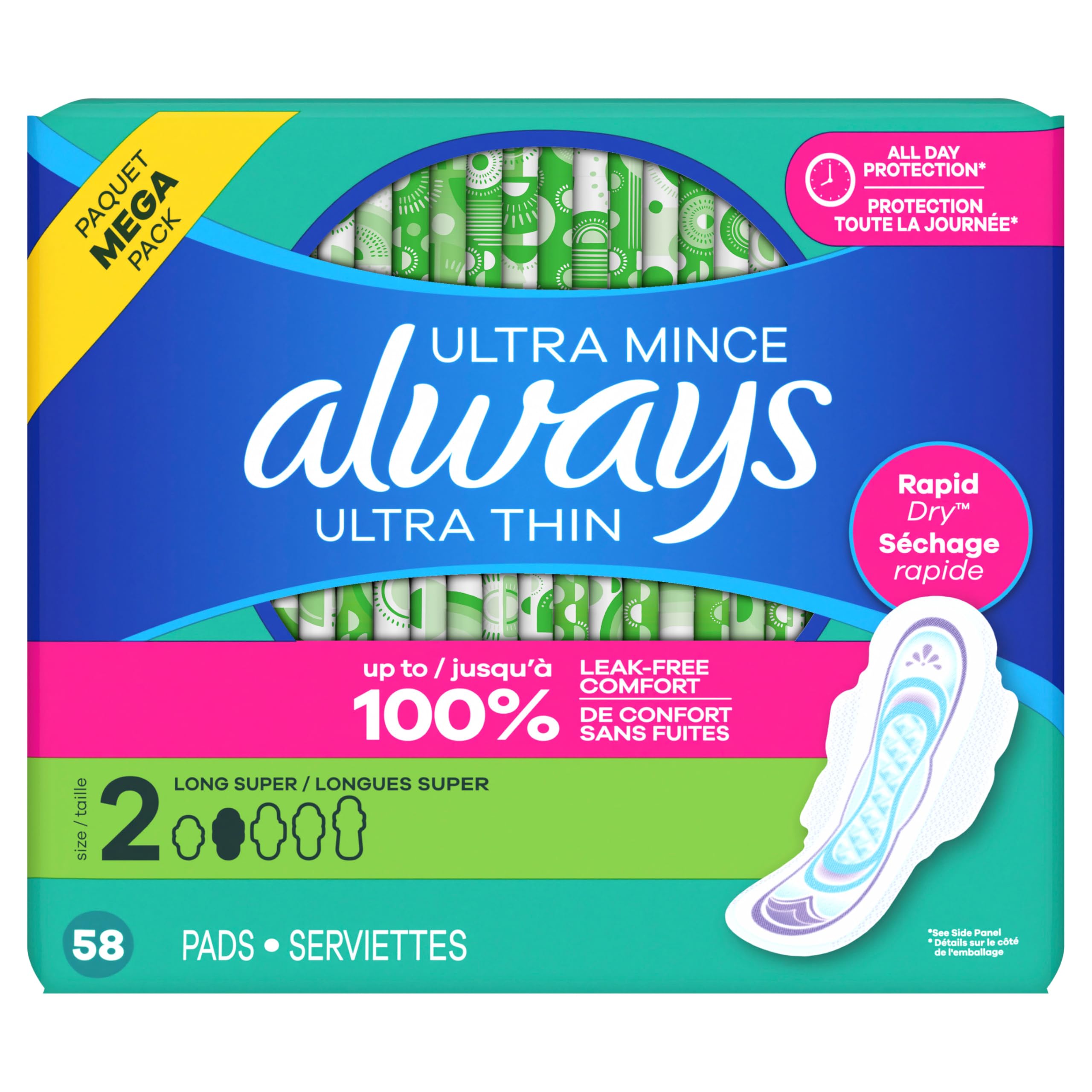 Always Ultra Thin Pads with Wings, Size 2, Long Super, 58 Count