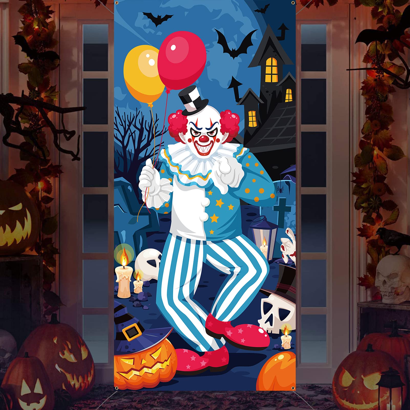 DPKOW Horror Clown Banner for Halloween Decoration Scary, Fabric Clown Door Banner for Halloween Door Haunted House Decoration Supplies