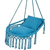 Giantex Macrame Hammock Chair w/Removable Cushions, Sturdy Metal Ring Blue | Boho Swing Chair w/ Polyester Cotton Ropes, Max 330 Lbs Hanging Chair for Indoor Outdoor Patio Bedroom Balcony Living Room
