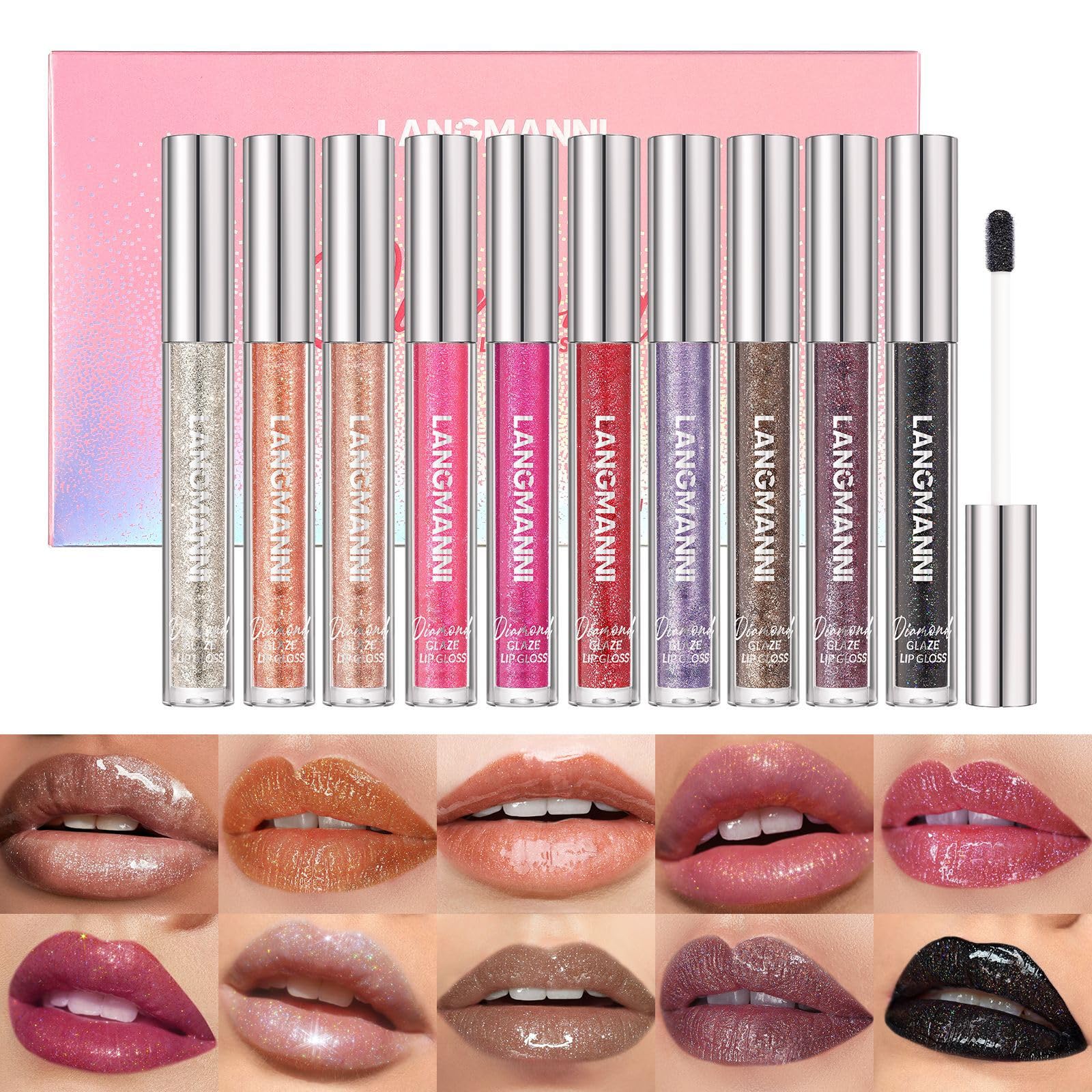 10PCS Lip Gloss Set, Highly Pigmented Diamond Glitter Shimmering Lip Glosses, Moisturising, Long Lasting, Waterproof, Non Sticky, Makeup Set For Women (#B)