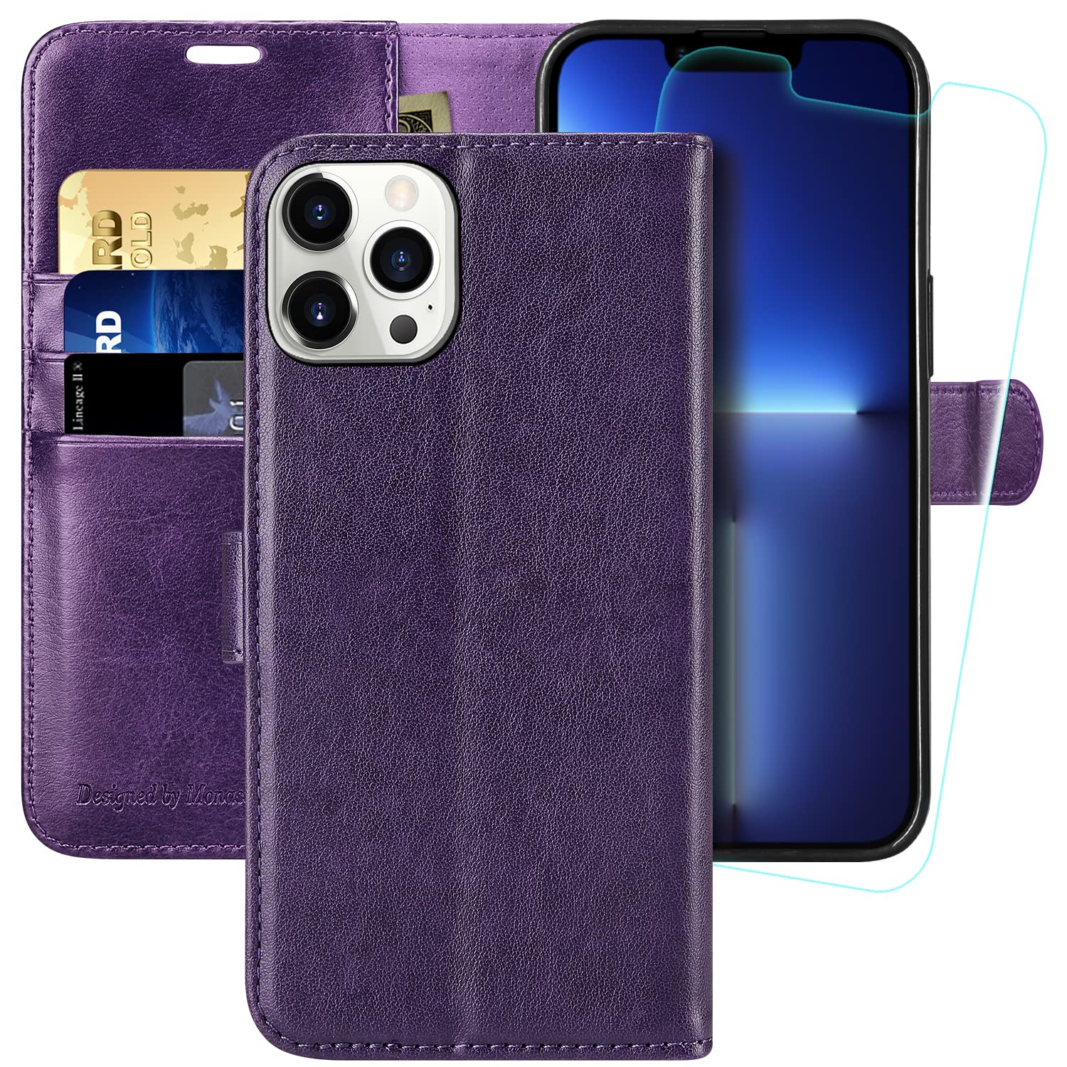 MONASAY Wallet Case for iPhone 13 Pro Max 5G,6.7-inch[Glass Screen Protector Included] [RFID Blocking] Flip Folio Leather Cell Phone Cover with Credit Card Holder,Purple — image 1