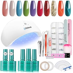 Gel Nail Polish Kit Elfeland 10 Colors Home DIY Gel Polish Starter Kit with Light 48W LED Nail Lamp, Gel Base Top Coat, Nail Art Decors, Soak off LED Gel Nail Set Full DIY Gel Manicure Gift Box