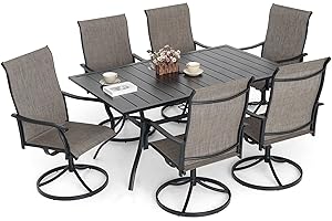 Virvla 7-Piece Outdoor Patio Dining Set, 6 Swivel Rocking Patio Chairs & 1 Rectangular Dining Table for for Backyard Front Porch Pool Deck Outdoor Furniture Set - Light Tan/Grey