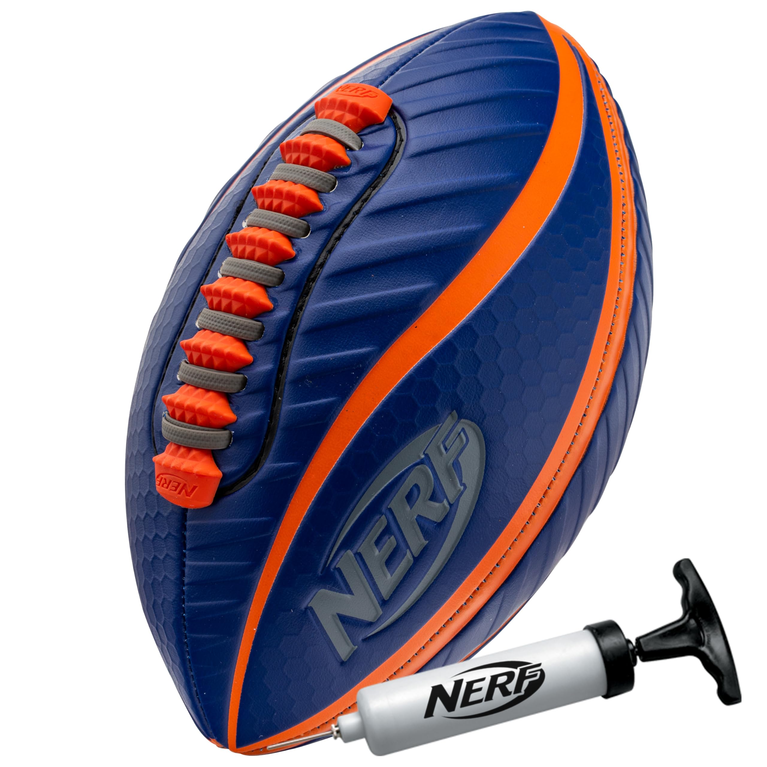 Photo 1 of NERF Spiral Grip Mini Football - Patented Spacelace for Ultimate Spirals - Machine Stitched Construction - Pump Included,Blue/Orange, Mini 8.5"