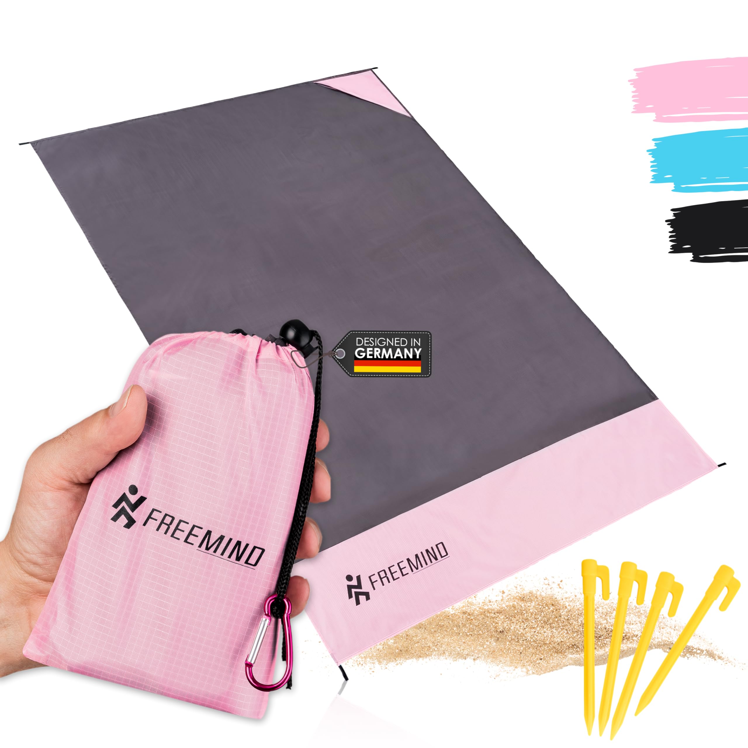 freemind Outdoor Beach Blanket - Ultralight Thin Picnic Blanket without Padding - 140 x 200 cm - Water-Repellent, Compact, Sand-Free - Mini Pocket Blanket - Includes Bag, 4 Pegs, Carabiner