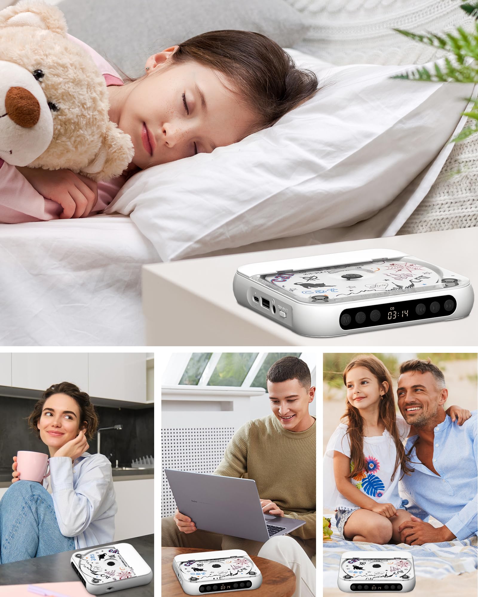 ENVYCLOUD CD Player Portable with Dual Stereo Speakers, Rechargeable Portable CD Player with Bluetooth for Home with Headphones, Support CD/AUX/USB, White