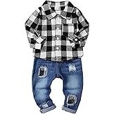 NZRVAWS Toddler Baby Boy Clothes Infant Plaid Pocket Shirt Denim Ripped Jean Pants Outfits Set 6-24 Months 2-5T