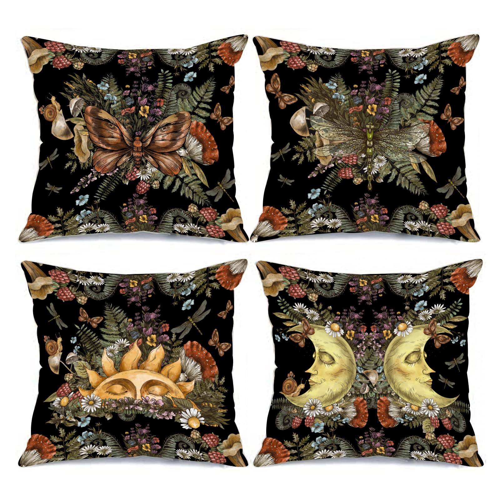 Tucocoo Vintage Throw Pillow Covers Decorative 18x18inch Set of 4 Sun Moon with Woodland Treasures Pillow Covers Fern Mushrooms Floral Botanical Throw Pillow Cases for Couch Sofa Home Living Room — image 1
