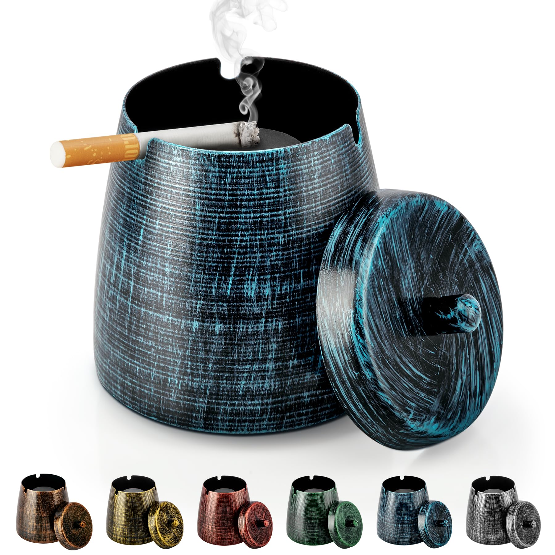 Yiiwinwy Ashtray for Cigarettes Outdoor, Outdoor Ashtray with Lid for Cigarette, Metal Odorless Windproof Smokeless AshTray for Patio Home Office Tabletop Balcony